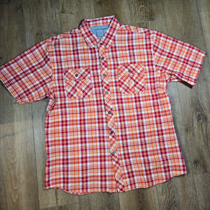 Beyond The Limit Button Up Shirt Mens 2XL Orange White Plaid Work Shirt